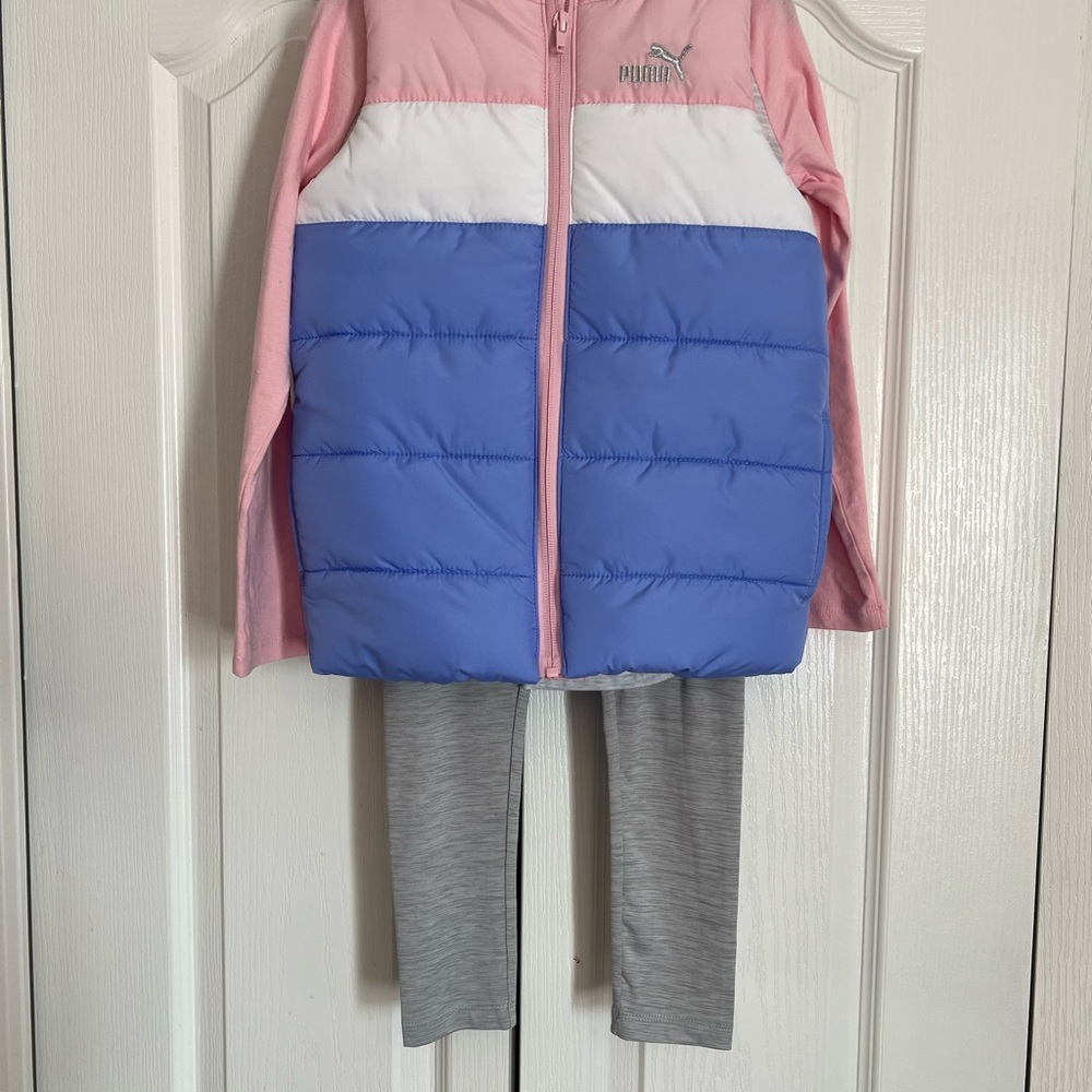 Puma Pink and Blue Puffer Vest with Gray Leggings
